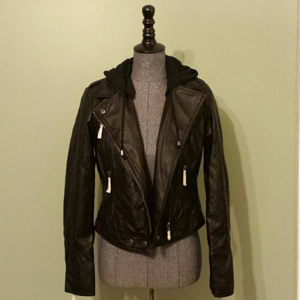 1 Medium Left ⚠️ Hooded Vegan Leather Moto Jacket